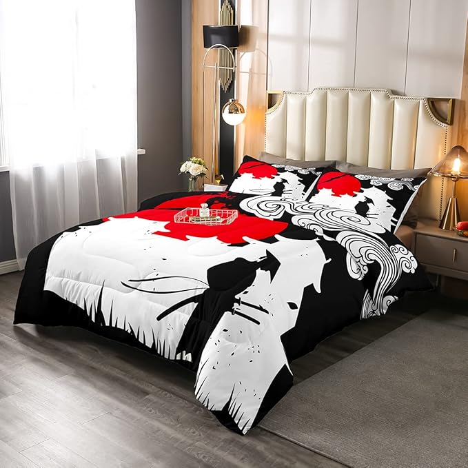 Erosebridal Samurai Comforter Set Twin Size, Sunset Print Down Comforter, Japan Quilted Duvet, Building Silhouette Breathable Quilt Set, Japanese Ukiyoe Bedding Set, Ultra Lightweight - LeafyLoom