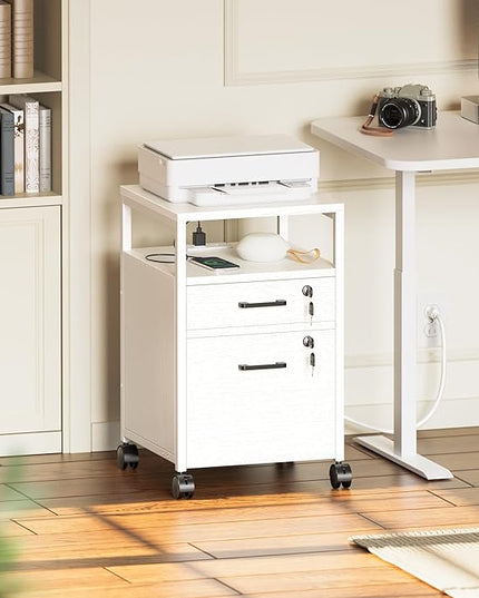 SUPERJARE File Cabinet with Lock & Charging Station, 2 Drawers Rolling Filing Cabinet, Office File Cabinet with Wheels & Open Shelf, for Home Office, A4/Letter Size Files - White - LeafyLoom