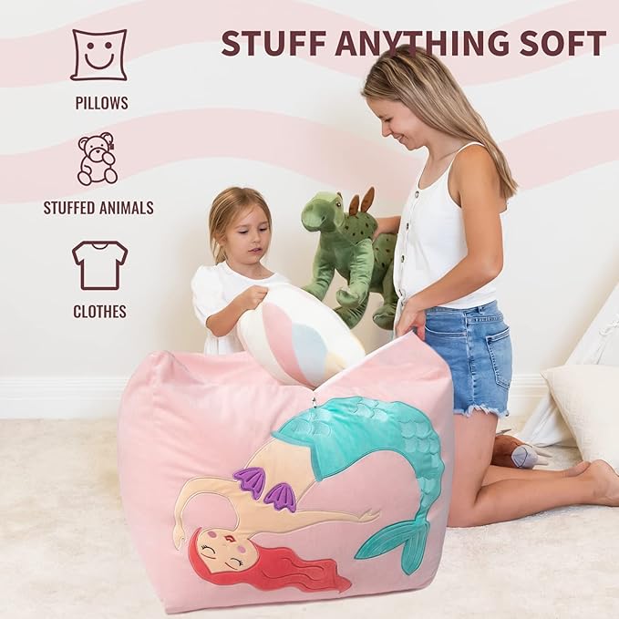 Aubliss Unicorn Stuffed Animal Storage Bean Bag Chair for Kids, Velvet Extra Soft Beanbag Chairs Cover, X-Large Stuffable Zipper Bean Bag for Organizing Plush Toys Girls Bedroom Decor, Pink - LeafyLoom