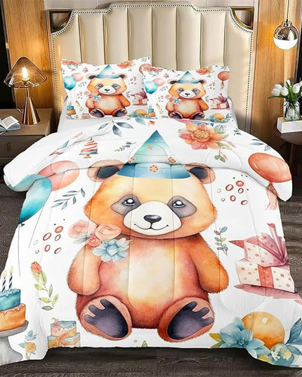 Panda Comforter Set Queen Size, Cute Brown Panda Pattern Queen Size Comforter Set, Kawaii Cute Animal Printed Kids Bedroom Decor, 3Pcs Bedding Set Printed Comforter with 2 Pillowcases, All Season - LeafyLoom