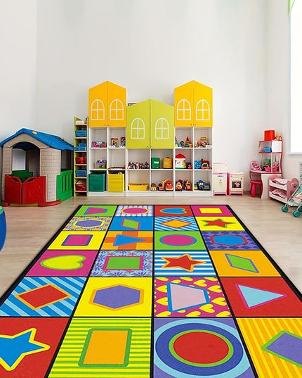 LIVEBOX Geometry Teaching Kids Rug for Classroom, Washable School Learning Area Rugs, Colorful Preschool Kids Classroom Carpet Non-Slip Playroom Mat for Home Learning,13'x7'5"(Seats-24) - LeafyLoom