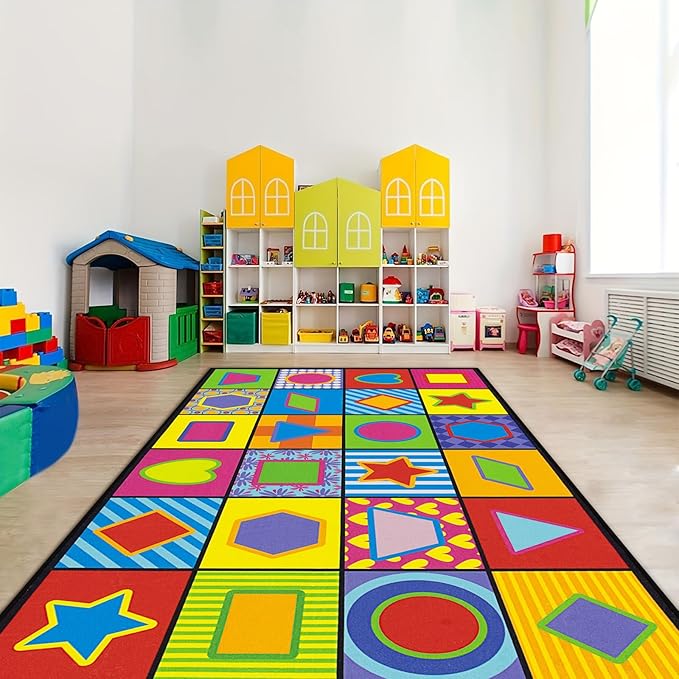 LIVEBOX Geometry Teaching Kids Rug for Classroom, Washable School Learning Area Rugs, Colorful Preschool Kids Classroom Carpet Non-Slip Playroom Mat for Home Learning,13'x7'5"(Seats-24) - LeafyLoom