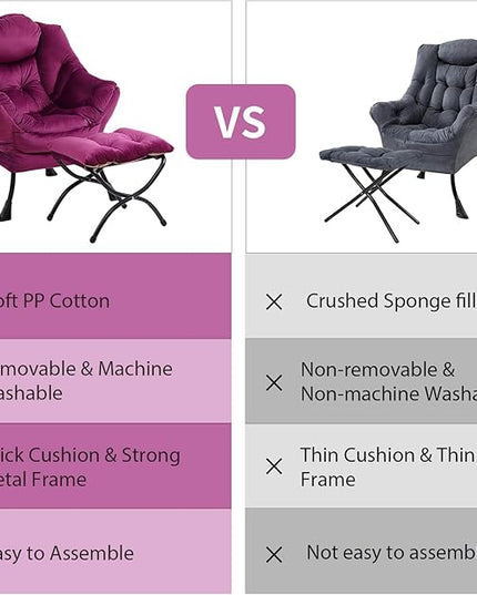 Lazy Chair with Ottoman, Modern Chair with Folding Footrest, Lounge Accent Chair, Comfortable Reading Chair (Dark Purple) - LeafyLoom