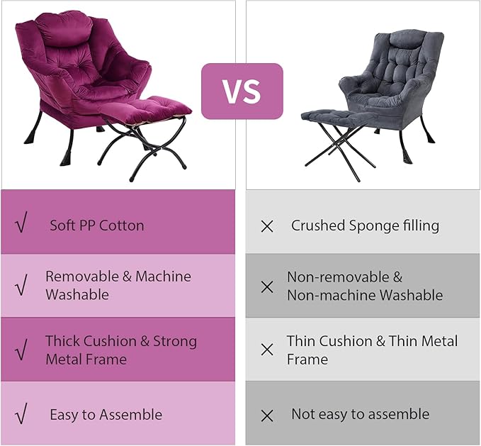 Lazy Chair with Ottoman, Modern Chair with Folding Footrest, Lounge Accent Chair, Comfortable Reading Chair (Dark Purple) - LeafyLoom