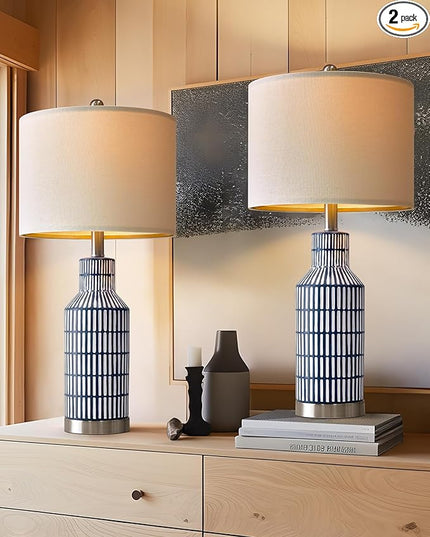 25" Table Lamps - Bedside Lamps Set of 2 - Modern Living Room Lamps - Blue Ceramic Lamps for Bedroom - Small Table Lamps Nightstand Lamps - LeafyLoom