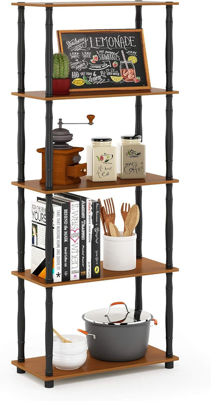 Furinno Turn-N-Tube 5-Tier Multipurpose Shelf / Display Rack / Storage Shelf / Bookshelf, Classic Tubes, Light Cherry/Black - LeafyLoom