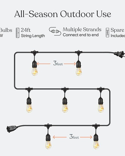 Brightech Ambience Pro Incandescent Outdoor String Lights - Commercial Grade Waterproof Patio Lights with 24 Ft Dimmable Edison Bulbs, Porch String Lights for Patio, Backyard, Christmas - 7 Bulbs 11W Brightech