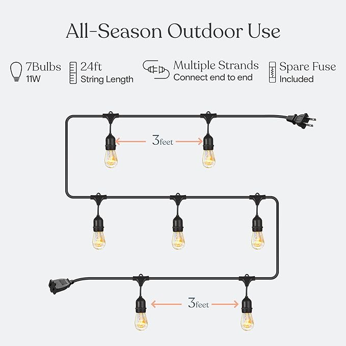 Brightech Ambience Pro Incandescent Outdoor String Lights - Commercial Grade Waterproof Patio Lights with 24 Ft Dimmable Edison Bulbs, Porch String Lights for Patio, Backyard, Christmas - 7 Bulbs 11W Brightech