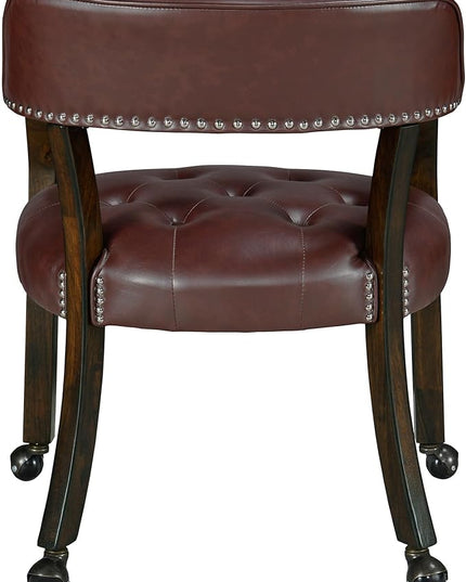 Dining Chairs with Casters and Arm, Large Rolling Dining Chairs with Wheel, Poker Table Chairs, Boss Caption's Chairs, 26"D x 25.2"W x 31.5"H, Espresso Legs & Wine Red Brown PU, XXY-1910-WR - LeafyLoom