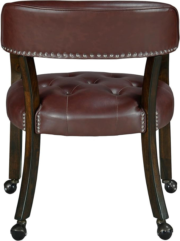 Dining Chairs with Casters and Arm, Large Rolling Dining Chairs with Wheel, Poker Table Chairs, Boss Caption's Chairs, 26"D x 25.2"W x 31.5"H, Espresso Legs & Wine Red Brown PU, XXY-1910-WR - LeafyLoom