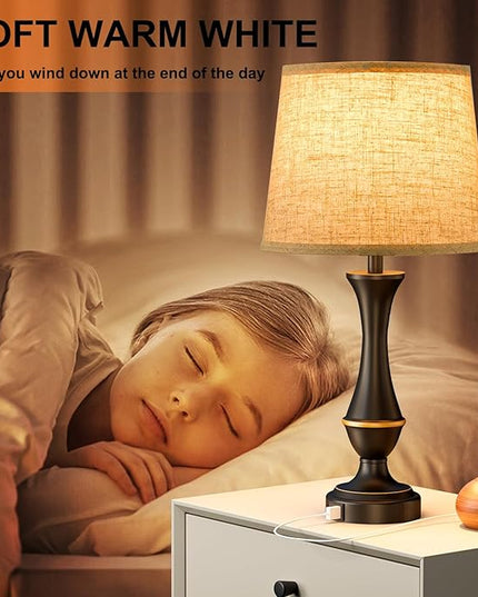 Upgraded Touch Lamps for Bedrooms Set of 2 - Nightstand Table Lamp with USB C+A, 3 Way Dimmable Bedside Lamps for Living Room End Tables, Farmhouse BedroomLamp1 Night Stand Lamps for Office - LeafyLoom