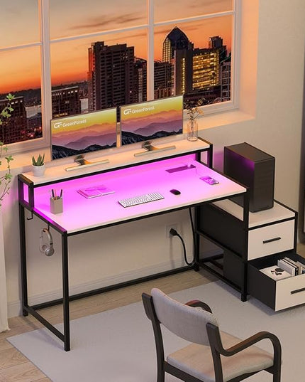 GreenForest Small Desk for Bedroom, 39.4 inch Computer Desk with 2 Drawers, Gaming Desk with LED Light and Power Outlet, Reversible Office Desk with Monitor Stand, Desk for Small Spaces, White - LeafyLoom