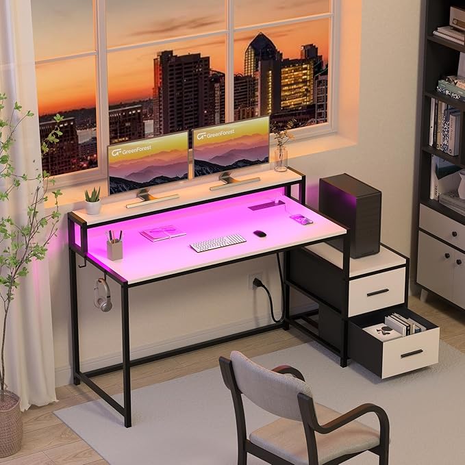 GreenForest Small Desk for Bedroom, 39.4 inch Computer Desk with 2 Drawers, Gaming Desk with LED Light and Power Outlet, Reversible Office Desk with Monitor Stand, Desk for Small Spaces, White - LeafyLoom