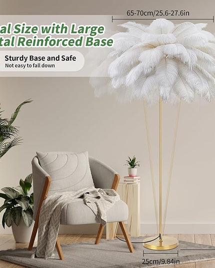 Feather Lamp, Natural Ostrich Feather Floor Lamp for Living Room, 63in Height, 3 Color Temperatures Bright LED Bulbs, Modern Funky Tall Lamp Standing Light for Bedroom (White) - LeafyLoom