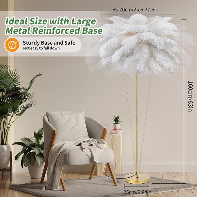 Feather Lamp, Natural Ostrich Feather Floor Lamp for Living Room, 63in Height, 3 Color Temperatures Bright LED Bulbs, Modern Funky Tall Lamp Standing Light for Bedroom (White) - LeafyLoom
