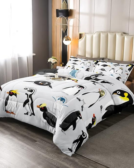 Erosebridal Penguin Comforter Set King Size,Black White Penguins Bedding Set Cute Animal Down Comforter for Kids Boys Girls Teens,Wildlife Grey Bedding Quilted Sets with 2 Pillow Cases Bedroom Decor - LeafyLoom