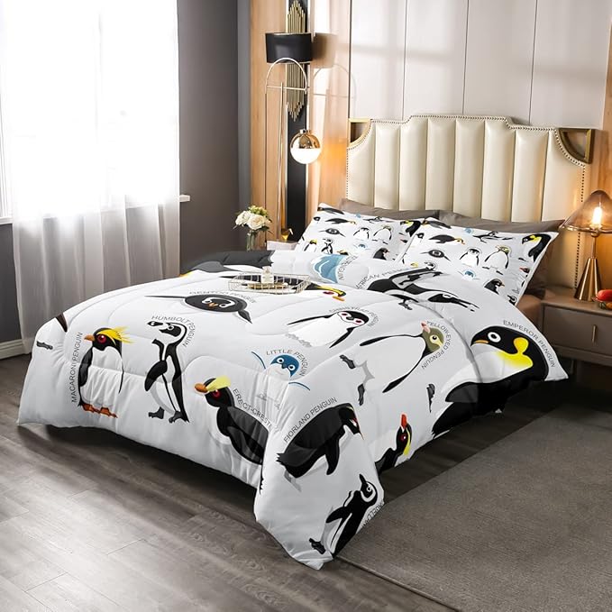 Erosebridal Penguin Comforter Set Full Size,Black White Penguins Bedding Set Cute Animal Down Comforter for Kids Boys Girls Teens,Wildlife Grey Bedding Quilted Sets with 2 Pillow Cases Bedroom Decor - LeafyLoom