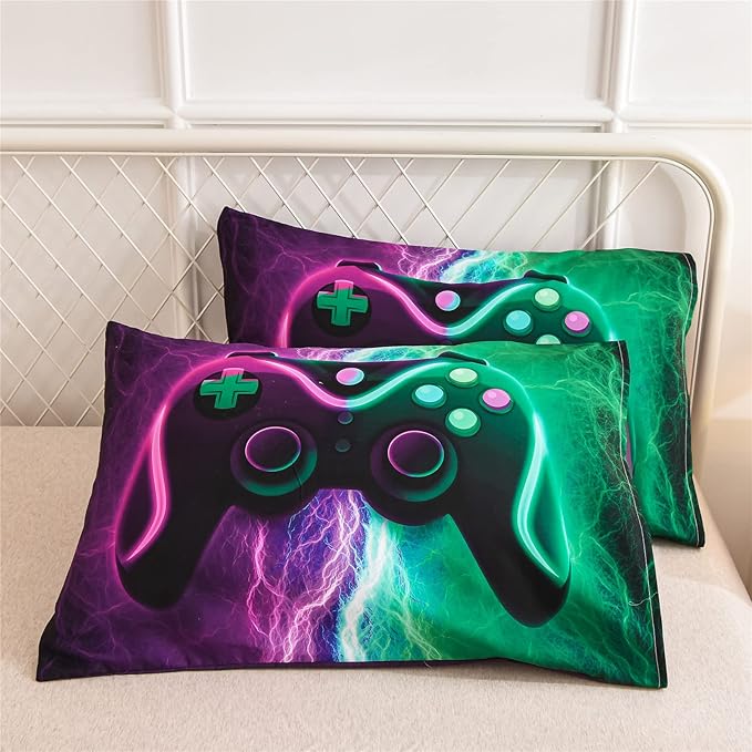 Meeting Story Gamer Gaming Bedding Sets Red Blue Lightnings Gamepad Comforter Set for Boys Games Console Action Buttons Novelty Colorful Modern Room Decor Home Quilt Set (Green-Purple, Full) - LeafyLoom