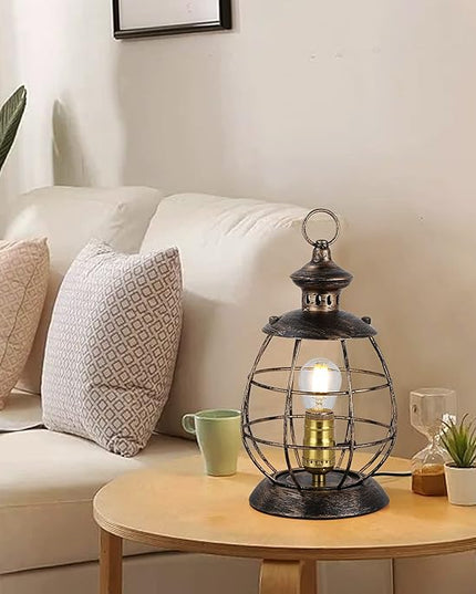 Industrial Metal Lantern Table Lamp - 12.2''H Gold Cage Lampshade Searchlight Standing Lighting Fixtures - Nautical Spotlight Reading Desk Light Decoration for Living Room Bedroom Farmhouse - LeafyLoom