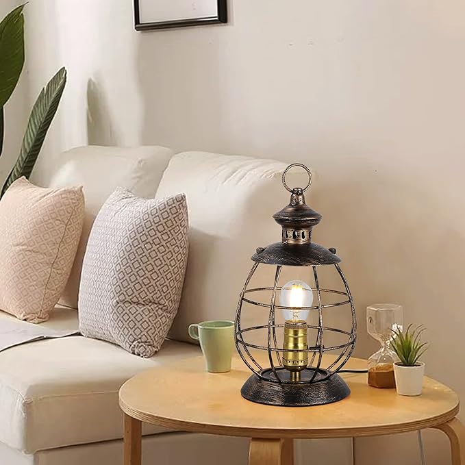 Industrial Metal Lantern Table Lamp - 12.2''H Gold Cage Lampshade Searchlight Standing Lighting Fixtures - Nautical Spotlight Reading Desk Light Decoration for Living Room Bedroom Farmhouse - LeafyLoom