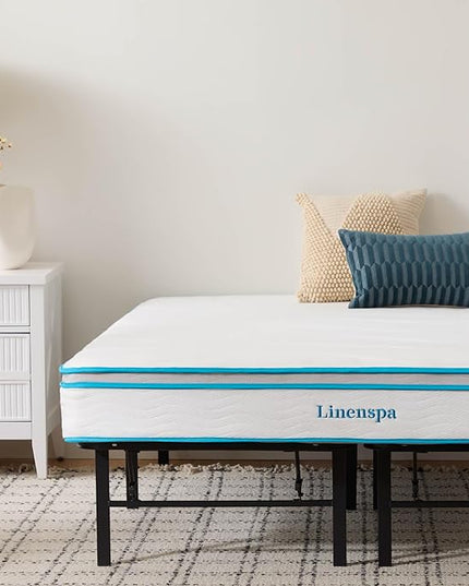 Linenspa 8” Memory Foam and Innerspring Hybrid Mattress + 14” Black Metal Platform Bedframe – Queen Mattress + Metal Folding Queen Bedframe - LeafyLoom