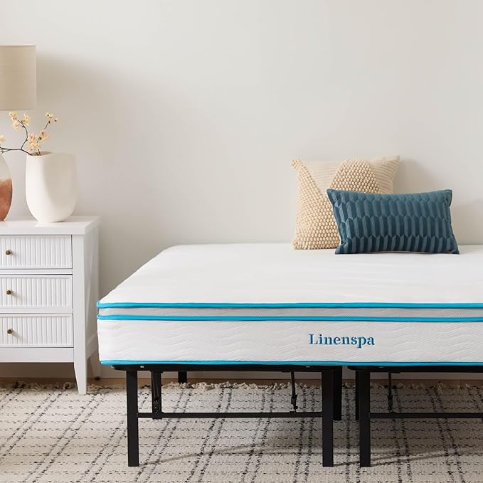 Linenspa 8” Memory Foam and Innerspring Hybrid Mattress + 14” Black Metal Platform Bedframe – Queen Mattress + Metal Folding Queen Bedframe - LeafyLoom