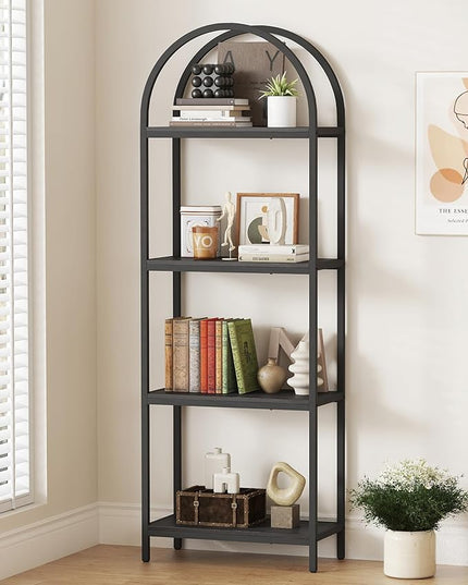 Yusong Bookshelf 4 Tier Arched Bookcase, 71.3" Tall Industrial Open Book Shelves for Living Room, Modern Freestanding Display Shelving Unit Storage Rack with Metal Frame, Office, Bedroom, Black - LeafyLoom