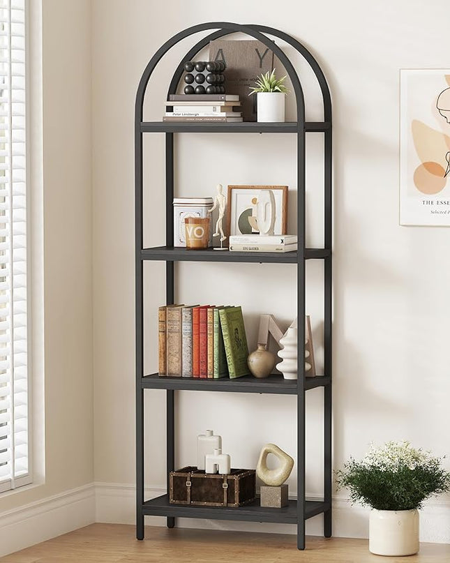 Yusong Bookshelf 4 Tier Arched Bookcase, 71.3" Tall Industrial Open Book Shelves for Living Room, Modern Freestanding Display Shelving Unit Storage Rack with Metal Frame, Office, Bedroom, Black - LeafyLoom