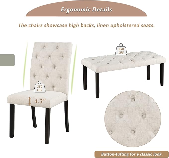 Farmhouse Rectangular 72" Wood, 4 Upholstered Chairs with Bench, Easy to Assemble, for Living, Guest Room, Home Bar and Kitchen, 6 Piece Dining Table Set, Espresso 25 - LeafyLoom