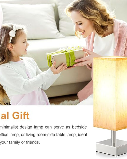 Beige Small Bedroom Lamp for Nightstand - Bedside Table Lamps with Sliver Base, Minimalist Night Stand Lamp with Square Fabric Shade, Desk Reading Lamp for Kids Room Living Room Office - LeafyLoom
