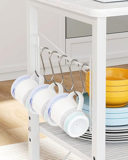 Mr IRONSTONE Baker's Rack, Kitchen Microwave Cart, Coffee Bar Table Station, 3-Tier Kitchen Utility Storage Shelf with Rolling Wheels Coffee Cart Kitchen Microwave Stand with 10 Hooks, White - LeafyLoom