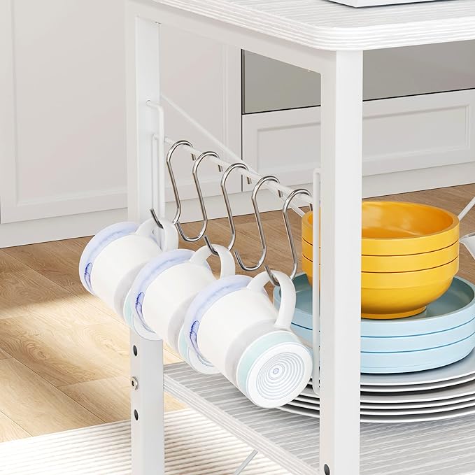 Mr IRONSTONE Baker's Rack, Kitchen Microwave Cart, Coffee Bar Table Station, 3-Tier Kitchen Utility Storage Shelf with Rolling Wheels Coffee Cart Kitchen Microwave Stand with 10 Hooks, White - LeafyLoom