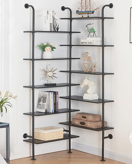 HOMBAZAAR Bookshelf,10-Tier L Shaped, Industrial Double Wide Wall Mount, Modern Bookcase with Metal Frame and Wood, Industrial Corner Pipe Shelf for Living Room and Office, Black - LeafyLoom