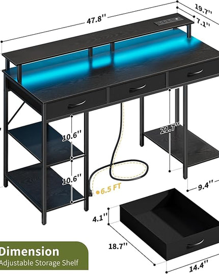 Yoobure Computer Desk with Drawers, Office Desk with LED Lights & Outlets, Small Desk with Storage Shelves, Gaming Desk 48" Home Office Desks with Monitor Stand, Writing Desk for Bedroom Small Spaces - LeafyLoom