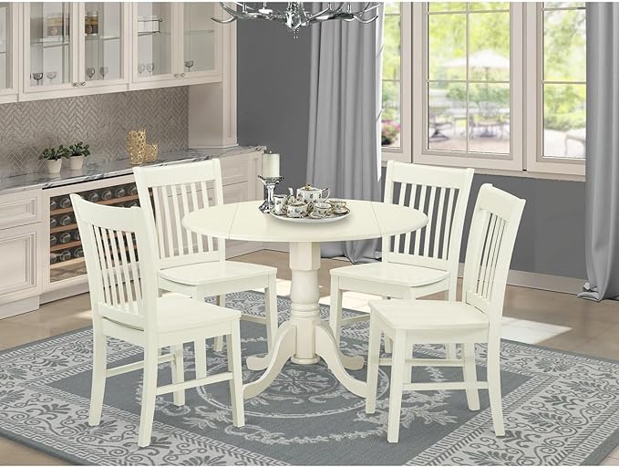 East West Furniture Dublin 5 Piece Set Includes a Round Dining Room Table with Dropleaf and 4 Kitchen Chairs, 42x42 Inch, DLNO5-LWH-W - LeafyLoom
