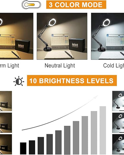 DLLT Dimmable Swing Arm Desk Lamp with Clamp, 68 LED Flexible Architect Work Lamp, 3 Colors 10 Brightness, Adjustable Desk Lamp, Multi-Joint Table Lamp for Study, Office, Computer, Art, Work Lighting - LeafyLoom