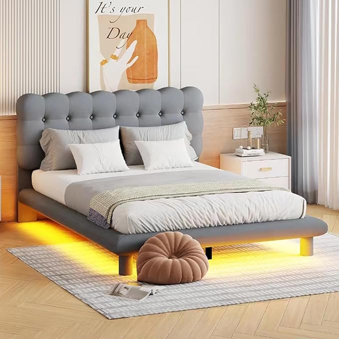 Queen Size Velvet Platform Bed with LED Lights and Remote Control,Bedroom Wooden Bed Frame w/Thick & Soft Fabric,Button-tufted Design Headboard,for Girls Boys Kids Teens Adults,Gray - LeafyLoom
