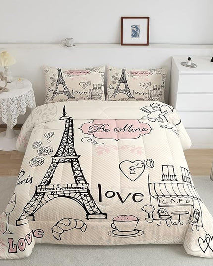 Feelyou Eiffel Tower Comforter Set Paris Tower Comforter for Girls Romantic Rose Chic Paris Bedding Set Paris Cityscape Printed Heart Love Duvet Set Room Decor Quilt King Boys - LeafyLoom