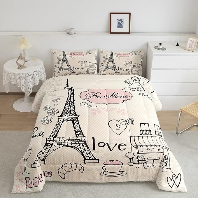 Feelyou Eiffel Tower Comforter Set Paris Tower Comforter for Girls Romantic Rose Chic Paris Bedding Set Paris Cityscape Printed Heart Love Duvet Set Room Decor Quilt King Boys - LeafyLoom