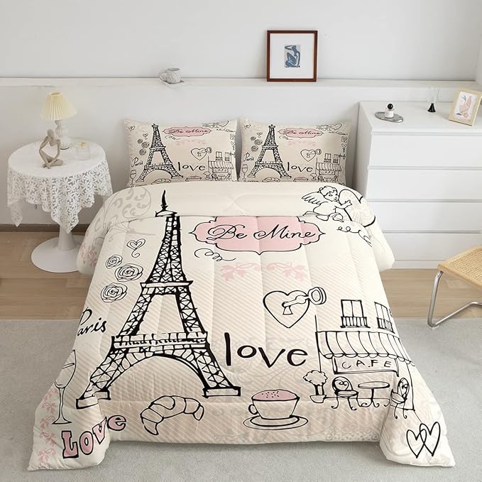 Feelyou Eiffel Tower Comforter Set King Paris Tower Comforter for Girls Romantic Rose Chic Paris Theme Bedding Set Paris Cityscape Printed Heart Love Duvet Set Room Decor Quilt Set Twin - LeafyLoom