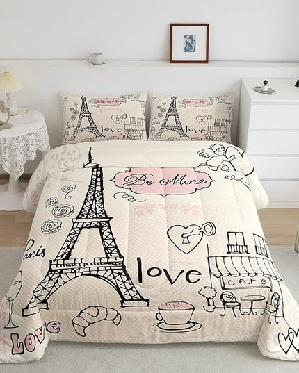 Feelyou Eiffel Tower Comforter Set King Paris Tower Comforter for Girls Romantic Rose Chic Paris Bedding Set Paris Cityscape Printed Heart Love Duvet Set Room Decor Quilt Boys - LeafyLoom