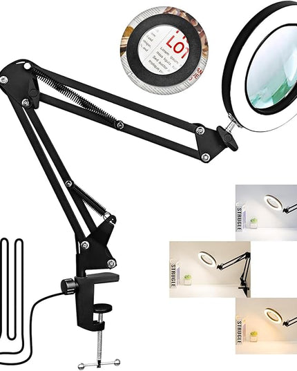 Magnifying Glass with Light and Clamp, 10X Real Glass Magnifier with Light, 3 Color Modes Stepless Dimmable Lighted Magnifying Glass, Magnifying Lamp for Repair Crafts Close Work- Black - LeafyLoom