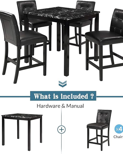NicBex Small Dining Table Set for 4 Dining Room Set 5-Piece Kitchen Table Set Faux Marble Top Counter Height Dining Table Set with 4 Pu Leather-Upholstered Chairs, Black - LeafyLoom
