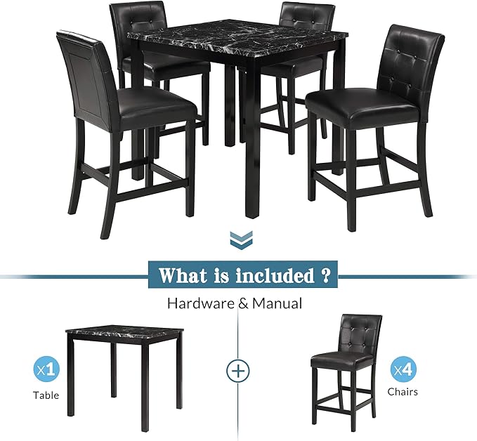 NicBex Small Dining Table Set for 4 Dining Room Set 5-Piece Kitchen Table Set Faux Marble Top Counter Height Dining Table Set with 4 Pu Leather-Upholstered Chairs, Black - LeafyLoom