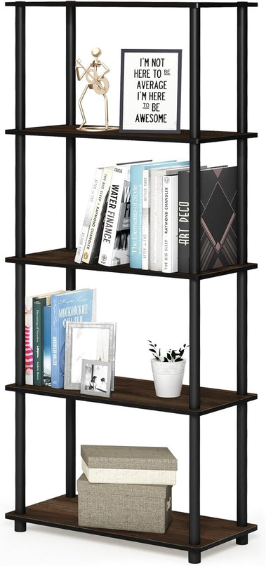 Furinno Turn-N-Tube 5-Tier Multipurpose Shelf / Display Rack / Storage Shelf / Bookshelf, Round Tubes, Columbia Walnut/Black - LeafyLoom