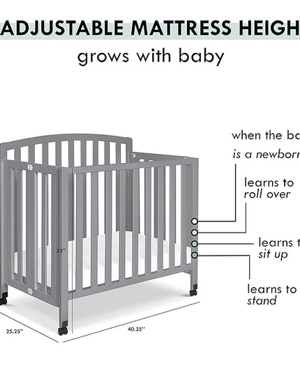 DaVinci Dylan Folding Portable 3-in-1 Convertible Mini Crib and Twin Bed in Grey, Greenguard Gold Certified - LeafyLoom