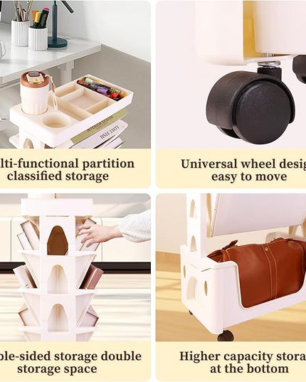 5 Tier Book Rack Storage Bookshelf, Removable Movable Unique Bookcase, Mobile Bookshelf with Wheels Utility Organizer Bookshelves for Kids Children Students Study in Bedroom Living Room School (Khaki) - LeafyLoom