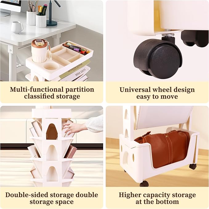 5 Tier Book Rack Storage Bookshelf, Removable Movable Unique Bookcase, Mobile Bookshelf with Wheels Utility Organizer Bookshelves for Kids Children Students Study in Bedroom Living Room School (Khaki) - LeafyLoom