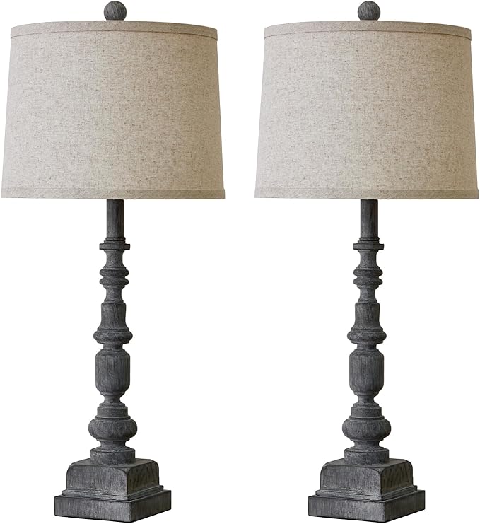 Oneach 27.75" Vintage Farmhouse USB A+C Table Lamps Set of 2 for Living Room Traditional Bedside Lamps for Bedroom Office Mid Century Table Lamp Antique Grey Accent Rustic Lamps for End Table - LeafyLoom