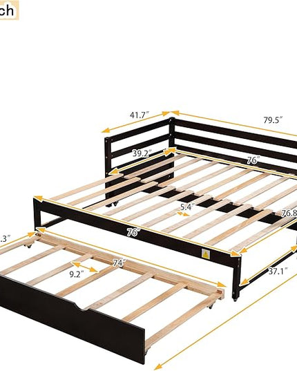 Wooden Extendable Daybed, Twin to King Daybed Frame with Trundle, Extending Sofa Bed for Living Room Bedroom Guest Room, Espresso - LeafyLoom